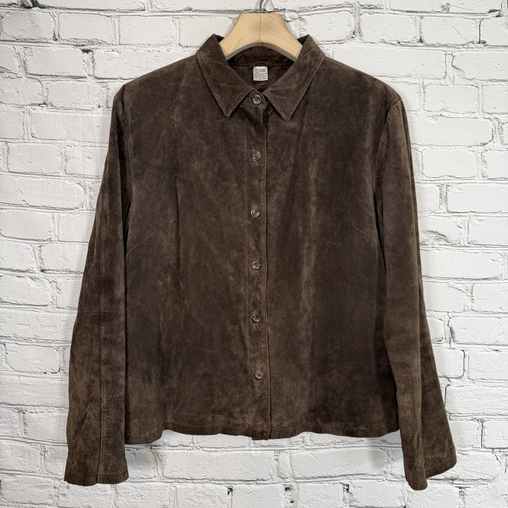Women's Suede Leather Shirt Jacket XL Brown Button‎ Front Lined Shacket Gilrich